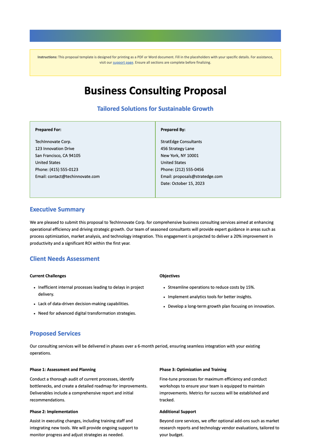 Business consulting proposal template with editable fields and sidebar instructions_variant_1